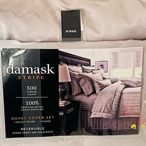 King Damask Stripe Luxury Duvet Cover Set 500TC Egyptian Cotton Light Gray NIP